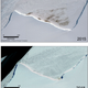 Satellite images showing the reduction in size of the Halley Bay colony in 2015 compared to 2018. The brownish markings show penguin guano, and the very dark, dense patches are the penguins themselves.